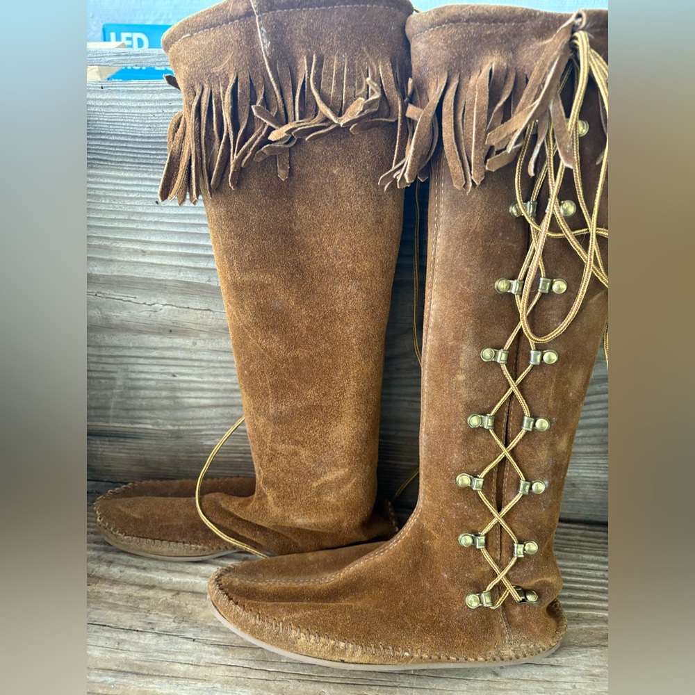 Brown Suede Fringe Knee-High Boots